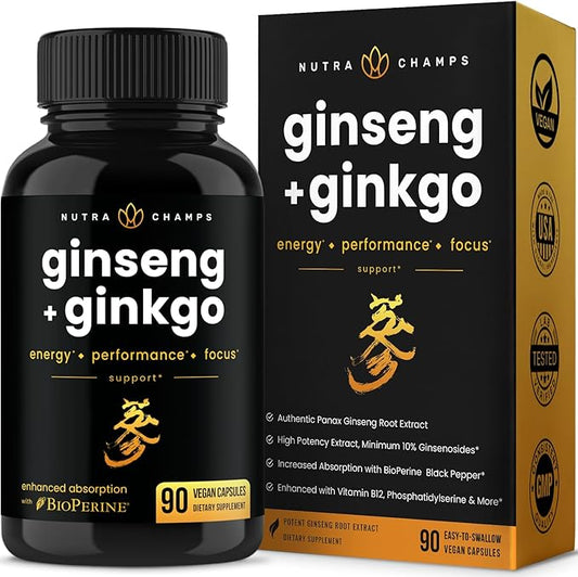 NutraChamps Korean Red Panax Ginseng Capsules | Extra Strength Ginsenosides for Energy, Focus, Performance, Vitality & Immune Support | Korean Red Ginseng Root Extract (90, Premium Gold)