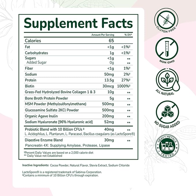 Olea Advanced Collagen & Bone Broth Powder, 10g Hydrolyzed Collagen, 5g Bone Broth, Hyaluronic Acid, MSM, Probiotics, Enzymes – Supports Skin, Hair, Nails, Joints & Gut Health, Rich Chocolate