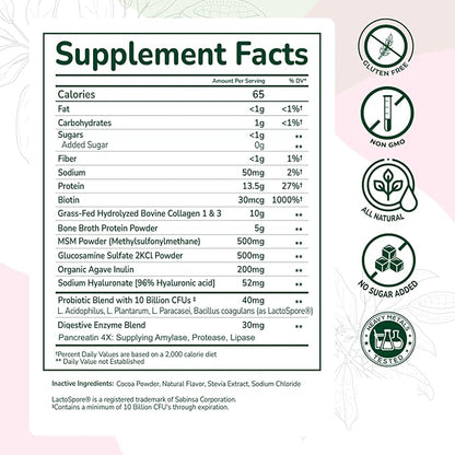 Olea Advanced Collagen & Bone Broth Powder, 10g Hydrolyzed Collagen, 5g Bone Broth, Hyaluronic Acid, MSM, Probiotics, Enzymes – Supports Skin, Hair, Nails, Joints & Gut Health, Rich Chocolate