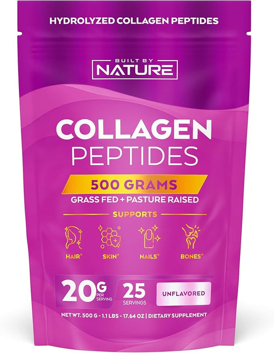 Built by Nature Collagen Peptides Powder, 500 Grams - Unflavored, Platinum Grade Hydrolyzed Collagen Protein with No Odor or Taste, Easy Mixing - Grass Fed, Non-GMO - Hair, Skin, Nails Supplement