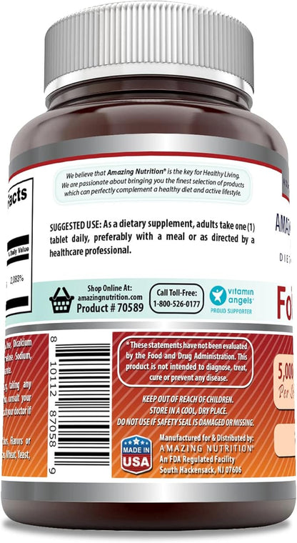 Amazing Formulas Folic Acid (Vitamin B9) Supplement | 5000 Mcg per Serving | 120 Tablets | Non-GMO | Gluten-Free | Made in USA