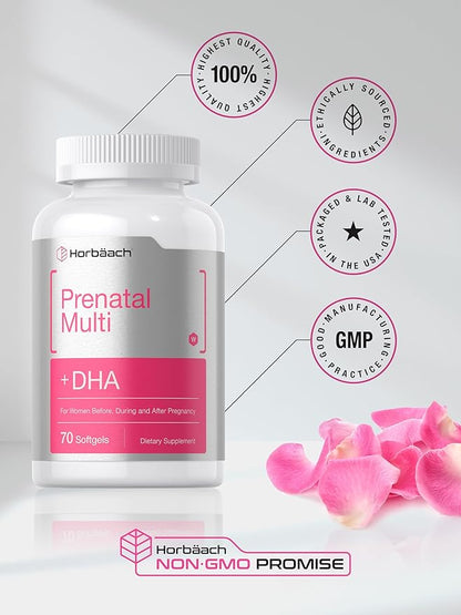 Horbäach Women's Prenatal Multivitamin with DHA, Iron and Folic Acid | 70 Softgels | Non-GMO & Gluten Free