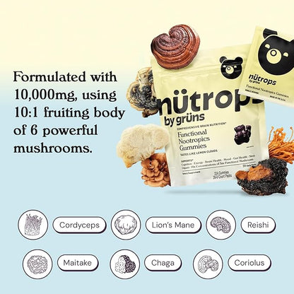 Nutrops Sugar-Free Lions Mane Mushroom Gummies for Adults, Functional Nootropics, Herbal Brain Supplement for Energy, Brain Health, Cognitive, Memory & Focus, Reishi, Chaga, Cordyceps - 28 Day Supply
