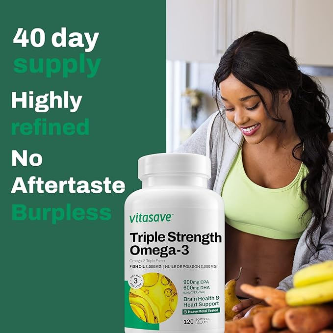 Triple Strength Fish Oil Omega 3 Supplements – High-Potency 3000mg with 900mg EPA + 600mg DHA - Burpless Fish Oil Capsules for Heart, Brain & Joint Health - Non-GMO, Gluten-Free-120 Softgels