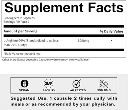 L-Arginine 1000mg Supplement for Men and Women - Supports Nitric Oxide Production - Supports Blood Circulation - Pre Workout Amino Acid Supplement (Trial Pack)