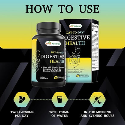 Best Naturals Day-to-Day Digestive Support 90 Veg Capsules - Made with Digestive Enzymes, Probiotics, & Herbal Blend - Made in The USA