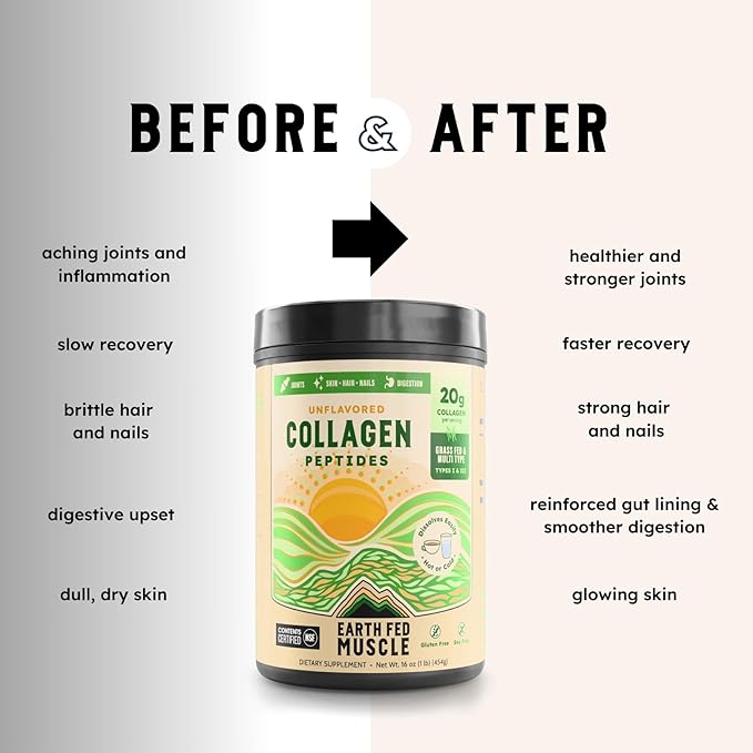 Earth Fed Muscle Unflavored Collagen Peptides Powder - 20g Protein Per Serving - Supports Hair, Skin, Nails, Joints & Recovery - Sugar-Free, Soy-Free, Gluten-Free, Paleo & Keto Friendly
