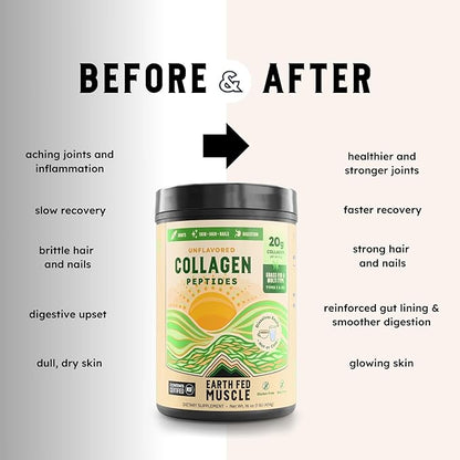 Earth Fed Muscle Unflavored Collagen Peptides Powder - 20g Protein Per Serving - Supports Hair, Skin, Nails, Joints & Recovery - Sugar-Free, Soy-Free, Gluten-Free, Paleo & Keto Friendly