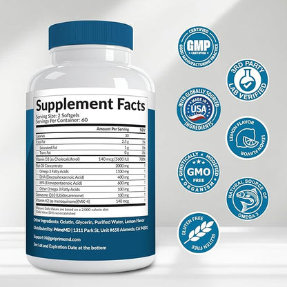 5-in-1 Fish Oil Omega 3 Fatty Supplements (2100mg) - Omega 3 Fish Oil with Vitamins D3 K2 and CoQ10 - Lemon Flavored (120 softgels, Pack of 3)