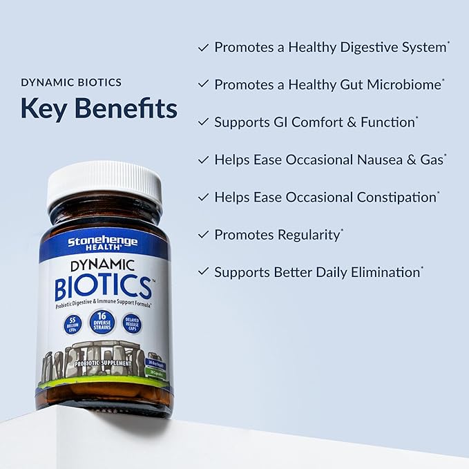 Stonehenge Health Probiotics 55 Billion CFU - 16 Strains, Prebiotic, Synbiotics Dynamic Biotics - Lactobacillus Acidophilus, Delayed Release, Shelf Stable, Non-GMO Gluten Free Veggie Capsule