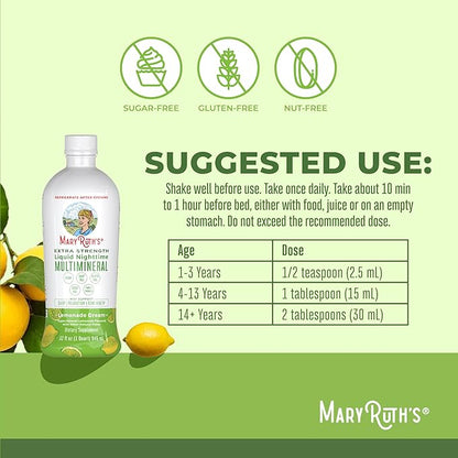 MaryRuth's Extra Strength Nighttime Liquid Multimineral | Sugar Free | Calm Magnesium Citrate | NO Melatonin | Calcium Magnesium Zinc | Muscle Relaxation | Lemonade Flavor | Vegan | 32 Servings