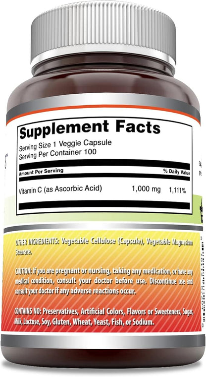 Amazing Formulas Vitamin C Supplement | 1000 Mg | Veggie Capsules | Non-GMO | Gluten-Free | Made in USA (100 Count, 1 Pack)