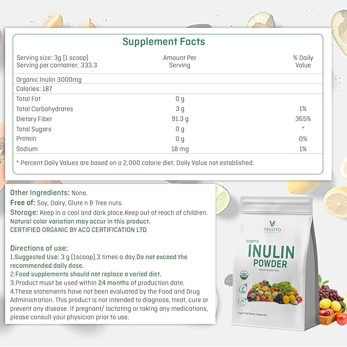 Organic Inulin Powder, Pure Inulin Prebiotic Supplement Natural Soluble Fibers Sweetener for Digestive Function, Unflavored & Unsweetened Superfood for Smoothie, Gluten Free, Vegan, 2.2 lb