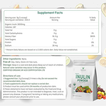 Organic Inulin Powder, Pure Inulin Prebiotic Supplement Natural Soluble Fibers Sweetener for Digestive Function, Unflavored & Unsweetened Superfood for Smoothie, Gluten Free, Vegan, 2.2 lb