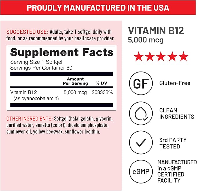 NatureWise Vitamin B12 5000 mcg - Extra Strength - Supplement for Supporting Energy Levels, Mental Clarity, Nervous System Health - Easy-to-Swallow, Soy and Gluten-Free, Non-GMO - 60 Softgels