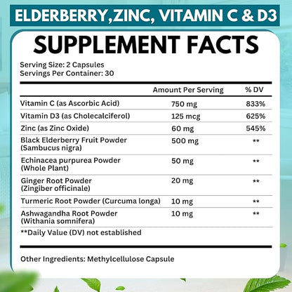 Elderberry Immune Support Supplement 8-in-1 Formula with Echinacea, Vitamin C & Zinc, Vitamin D 5000 IU, Turmeric, Ginger, Ashwagandha – Pack of 2