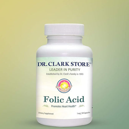 Dr. Clark Folic Acid (Vitamin B9) Supplement – 1mg, 50 Gelatin Capsules, Essential B Vitamin for Daily Health
