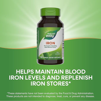 Nature's Way Iron, Promotes Healthy Red Blood Cells*, 18 mg Iron from Iron Gluconate Per Serving, Gluten Free, 100 Capsules (Packaging May Vary)