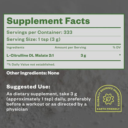L Citrulline Malate 2:1 Powder, 1 kg, Citrulline Supplement and Citrulline Nitrate for Strength Performance and Energy, Pre-Workout L Arginine L Citrulline Supplement Powder, 334 Servings