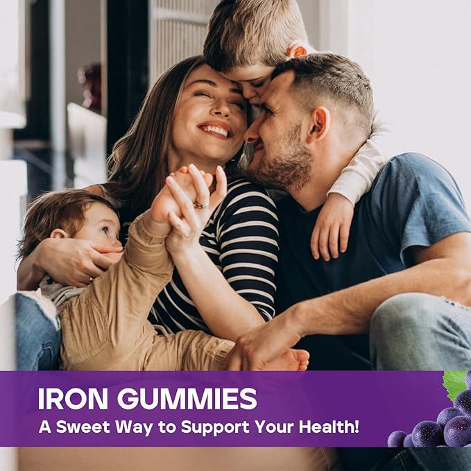 Iron Gummies for Women and Men, Iron Gummies with Folate, Vitamin B12, Zinc & D3 for Blood Building, Energy Boost, Immune Support & Bone Health, Gentle Absorption, Vegan,Grape Favour 60ct