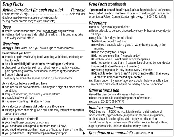berkley jensen Esomeprazole Magnesium Delayed Release Capsules 20 mg - Acid Reducer, Frequent Heart Burn or Acid Reflux Medicine - Safe and Effective for 24-Hour Heartburn Relief - 42 Capsules