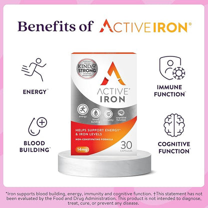Active Iron Supplement, 25mg (30 Capsules) Non-Constipating and Gentle for Women & Men, Highly Absorbed, Clinically Proven to Increase Iron & Energy Levels