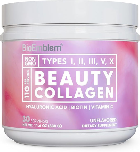 BioEmblem Beauty Collagen - 11G Hydrolyzed Multi-Collagen Peptides, Hyaluronic Acid, Vitamin C & Biotin - Bovine, Fish & Eggshell Membrane Collagen - Skin, Hair, Nail, & Joint Health - 30 Servings