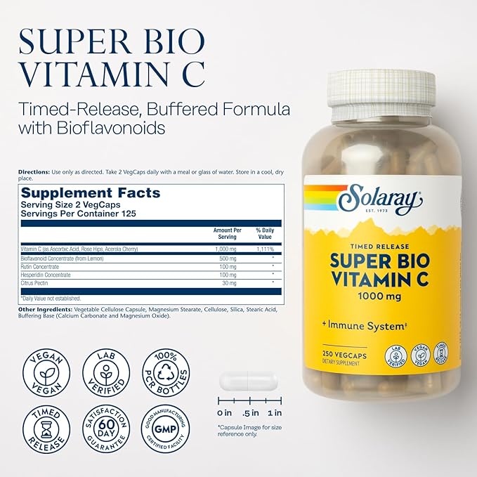 Solaray Super Bio Vitamin C 1000mg, Buffered, Time Release Capsules with Bioflavonoids, Two-Stage for High Absorption & All Day Immune Support, Vegan, 60 Day Guarantee, 125 Servings, 250 VegCaps
