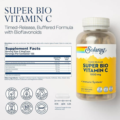 Solaray Super Bio Vitamin C 1000mg, Buffered, Time Release Capsules with Bioflavonoids, Two-Stage for High Absorption & All Day Immune Support, Vegan, 60 Day Guarantee, 125 Servings, 250 VegCaps