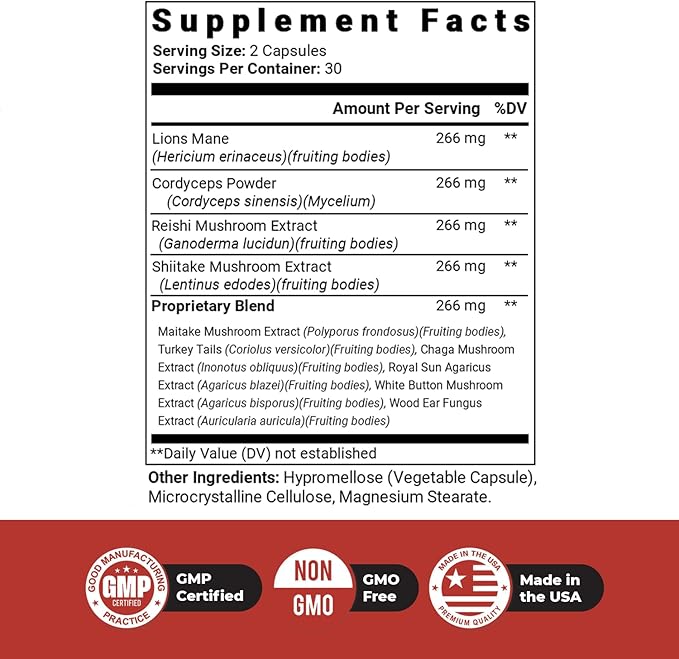 Dr. Love Roar Lion’s Mane Mushroom Supplement – Plant-Based Formula with Cordyceps, Reishi & Shiitake – Vegan, Gluten-Free, GMP Certified, Made in USA – 60 Capsules, 1 Month Supply