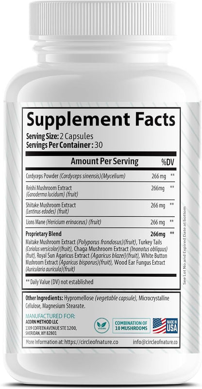 Maca Root Ashwagandha & Mushroom Suppliment Contains Lions Mane, Cordyceps, Reshi, Shitake