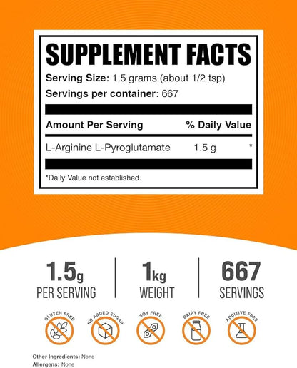 BulkSupplements.com L-Arginine L-Pyroglutamate Powder - Arginine Supplement, Nitric Oxide Supplement - Gluten Free, 1.5g per Serving, 1kg (2.2 lbs) (Pack of 1)