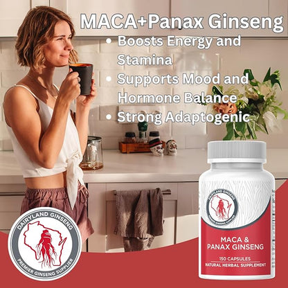 Maca Root Capsules + Korean Panax Ginseng - Concentrated Extract Black + Red + Yellow Maca Root, Panax Ginseng Capsules 150 ct
