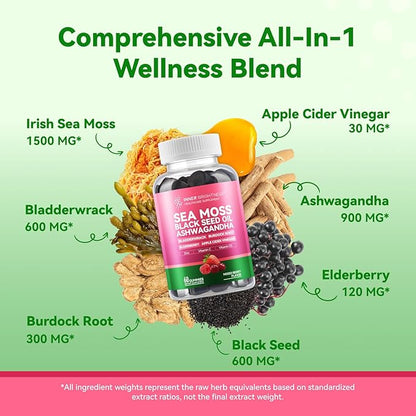 Irish Sea Moss Gummies with Ashwagandha, Elderberry, Apple Cider Vinegar, Bladderwrack, Burdock Root & Black Seed for Immune Support – Mixed Berry Flavor, 60 Count