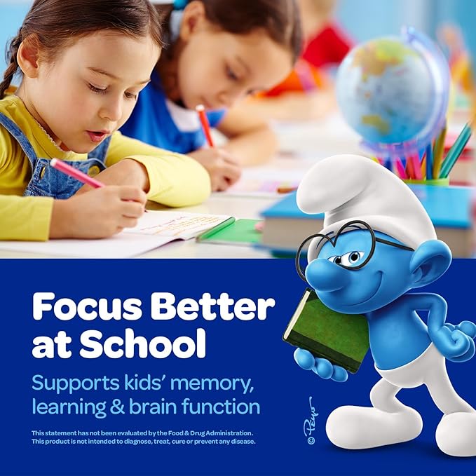 Smurfs Focus Gummies for Kids | Kids Focus and Attention Supplement with Phosphatidylserine | Made with Real Fruit | Doctor Developed | Non-GMO and No Artificial Flavors or Colors | 30 Gummies