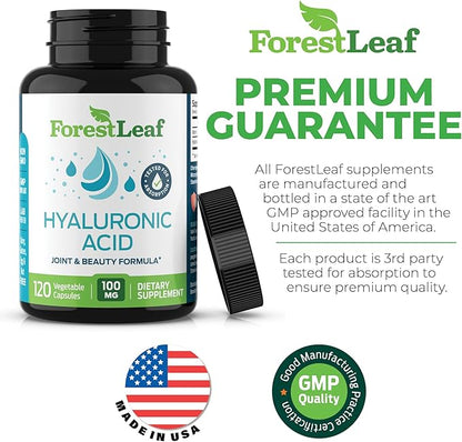 ForestLeaf Hyaluronic Acid Supplements | 100mg High Bioavailable Dietary Hyaluronic Acid Capsules, Pills + 50mg VIT C | Supports Skin Hydration, Joint Lubrication, Anti-Aging, Hair & Nails | 120 Caps