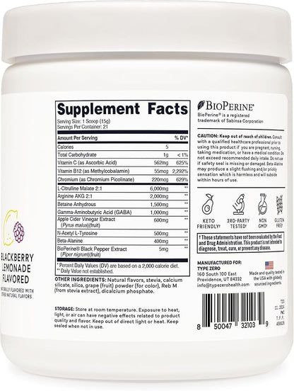Type Zero Ultra Clean Stim Free Pump Pre Workout (Blackberry Lemonade) Beetroot, Arginine, Citrulline Malate, Betaine, Beta A, ACV+ Sugar/Caffeine Free Non Stim Preworkout Men & Women