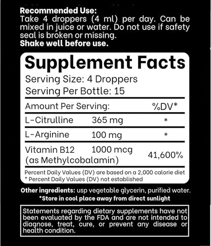 L-Arginine + L-Citrulline Liquid Drops with Vitamin B12 – Citrus Berry Flavor, 2 fl oz (60 ml) Pack of 2 - Fast Absorption, Easy-to-Use