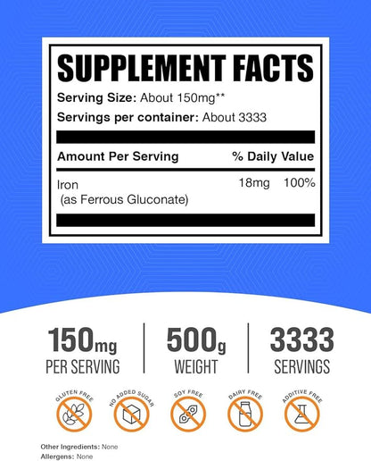 BulkSupplements.com Ferrous Gluconate Powder - Essential Mineral for Energy, Iron 18mg - Iron Supplements, Gluten Free, 150mg per Serving, 500g (1.1 lbs) (Pack of 1)