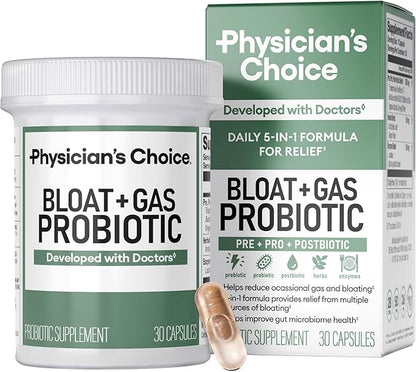 Physician's CHOICE Bloat & Gas Probiotic 5-in-1 Proactive Support + Daily Relief - Digestion & Gut Health- Herbals, Digestive Enzymes, Post & Prebiotics - Gas Relief for Adults - Women & Men - 30ct