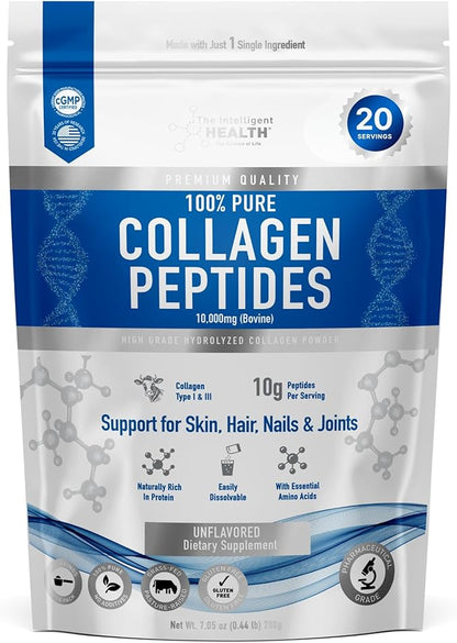 Hydrolyzed Collagen Peptides Powder, Grass Fed, High Protein, Unflavored, Gluten-Free, Paleo & Keto Friendly, 10g per Serving (200g) Supports Skin, Hair, Nails, Joints, & Bones