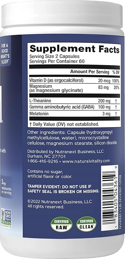 Natural Vitality Calm Sleep Magnesium Supplement, Melatonin & Magnesium Citrate, Sleep Aid Capsules, Gluten Free, Vegan, Non-GMO, Helps The Body Ease Into Sleep, 120 Capsules