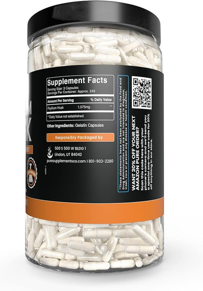 PURE ORIGINAL INGREDIENTS Psyllium Husk (730 Capsules) No Magnesium Or Rice Fillers, Always Pure, Lab Verified