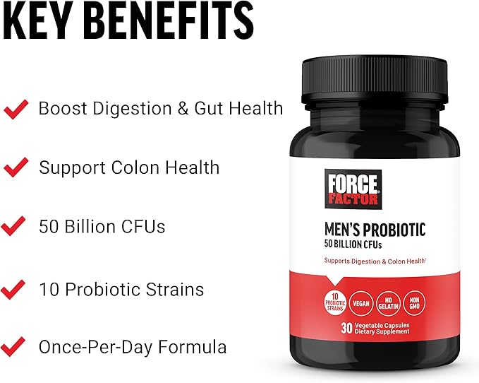 FORCE FACTOR Men’s Probiotic, Probiotics for Digestive Health with 50 Billion CFUs and 10 Probiotic Strains to Support Gut and Colon Health, and Daily Wellness, Non-GMO, Vegan, 30 Vegetable Capsules