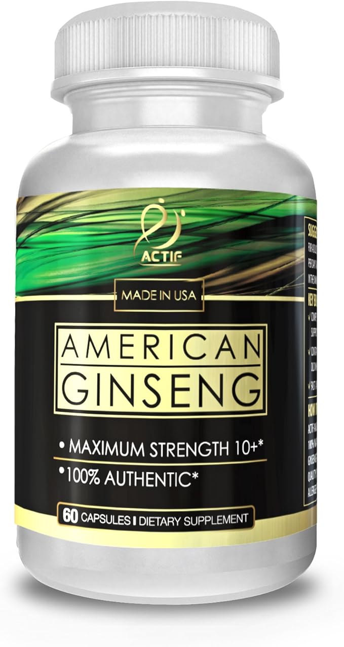 Actif American Ginseng - 100% Authentic 10 Year Old Ginseng, Non-GMO, 500mg - Made in USA