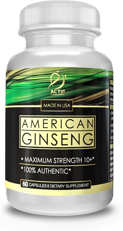 Actif American Ginseng - 100% Authentic 10 Year Old Ginseng, Non-GMO, 500mg - Made in USA