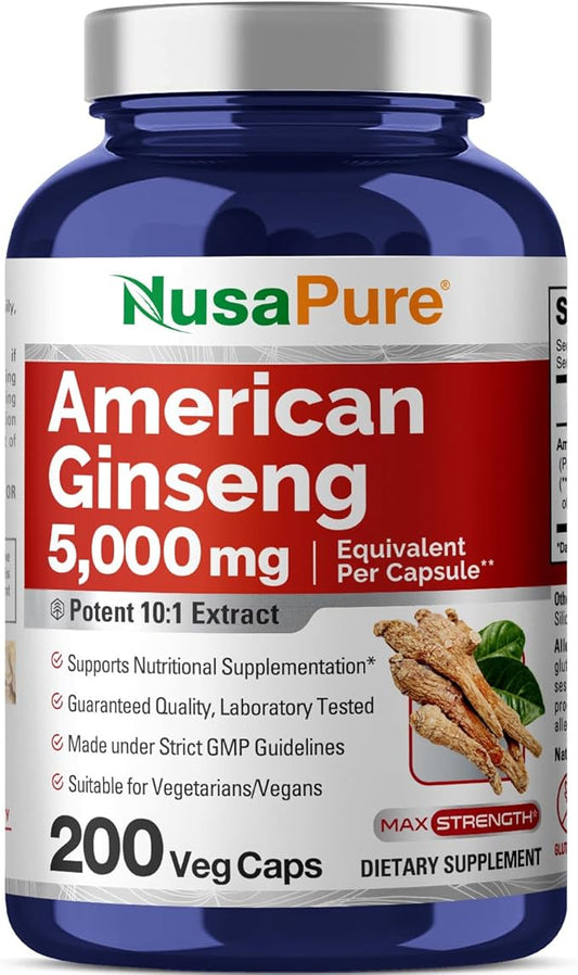NusaPure American Ginseng 10:1 Extract, 500 mg Equivalent to 5000mg - 200 Veggie Capsules (Vegetarian, Non-GMO, Vegan)