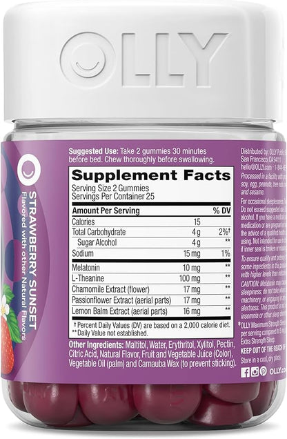 OLLY Max Strength Sleep Gummy, 10mg Melatonin, L-Theanine, Chamomile, Lemon Balm, Sugar Free, Vegetarian Sleep Aid, Strawberry - 50 Count