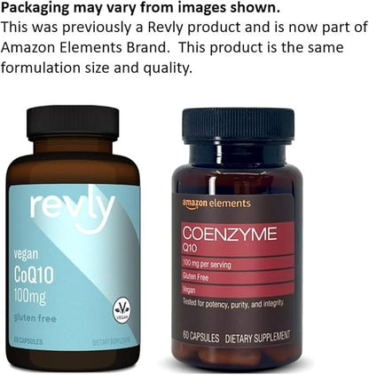 Amazon Elements Vegan CoQ10 100 mg - Normal Energy Production, Supports Cardiovascular Health - 2 Month Supply (60 Capsules)