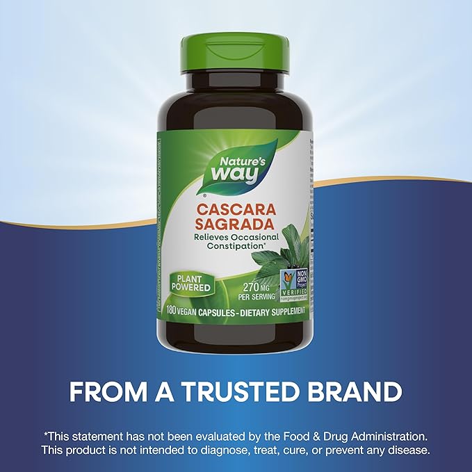 Nature’s Way Cascara Sagrada Bark, Occasional Constipation Relief*, Supports Regularity*, Non-GMO Project Verified, 270 mg per Serving, 180 Capsules (Packaging May Vary)